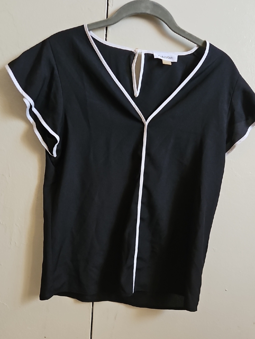 Calvin Klein Black Short Sleeve V-Neck Top with White Piping